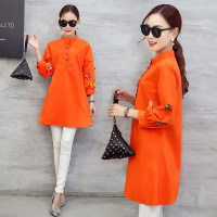 韩版宽松连衣裙 2017春装蝴蝶结装饰立领九分休衬衫连衣裙女