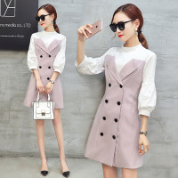 韩版连衣裙 2017春装假两件单排扣拼接衬衫修身圆领连衣裙潮