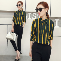 休闲套装女 2017韩版修身显瘦条纹系带衬衫 小脚休闲九分裤两件套