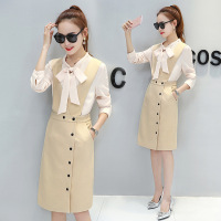 韩版休闲套装女 2017春装新款蝴蝶结领带T恤 性感背带裤两件套裙