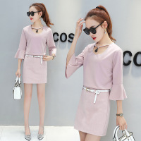 韩版套装女 2017春装新款七分喇叭袖T恤包臀短裙两件套装潮配皮带