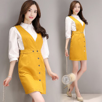 时尚套装女 2017春装新款百搭纯色衬衫 时尚背带连衣裙两件套装潮