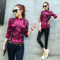 韩版格子衬衫女 2017春装小圆领对称口袋修身显瘦百搭衬衣潮