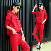 韩版休闲套装女 2017春装新款百搭连帽系带卫衣印花休闲裤两件套