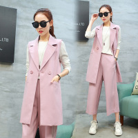 韩版休闲三件套 2017春装新款中长款马甲休闲腿裤裤子针织T恤套装