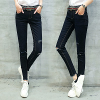 韩版牛仔裤女 2017春装新款时尚磨破显瘦显高修身破洞裤子女水洗