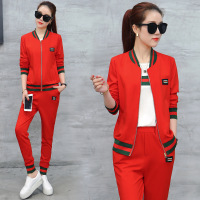 运动休闲三件套女 2017春装新款卫衣外套短袖撞色T恤显瘦长裤套装