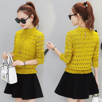 长袖T恤女 2017春装新款修身显瘦百搭长袖圆领性感蕾丝打底衫潮女