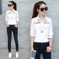 2017韩版衬衫女 春装新款字母绣花修身显瘦百搭衬衣女春款打底衫