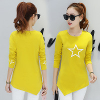 时尚长袖T恤女 2017春装新款五角星印花不规则春季打底衫女装潮女