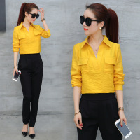 休闲衬衫女潮 2017春装新款方领纯色修身衬衣打底衫女潮显瘦上衣