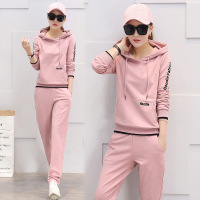 运动休闲卫衣套装女 2017春装新款抽绳连帽卫衣休闲长裤两件套潮