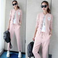 休闲运动卫衣套装女 韩版撞色棒球衫 系带休闲九分裤T恤三件套潮