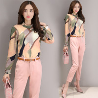 韩版套装女潮 2017春装新款时尚印花T恤七分休闲不规则小脚裤套装