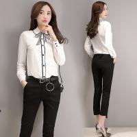 韩版套装女 2017春装新款时尚撞色印花衬衫百搭休闲裤两件套潮女