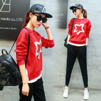 2017春装卫衣潮女 韩版休闲套头五角星印花拼接开叉春T恤潮女