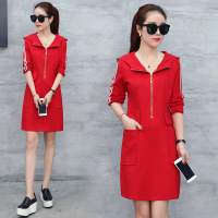 时尚连衣裙 2017春装新款条纹装饰连帽修身显瘦长袖卫衣连衣裙潮