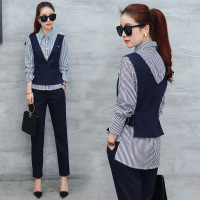 2017春装韩版三件套 新款时尚修身马甲百搭条纹衬衫长裤套装女潮