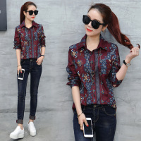 时尚衬衫女 2017春装新款复古印花修身显瘦方领衬衣潮百搭上衣女