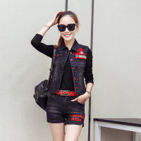 2017春新款韩版时尚套装女牛仔马甲短外套短裤针织打底衫三件套