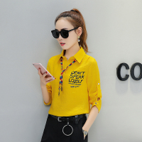 韩版衬衣 2017春装新款时尚字母印花系带修身显瘦衬衫潮女上衣潮