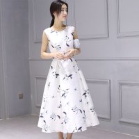 薇妮婷 2016夏季新款韩版欧根纱中长款印花无袖收腰连衣裙长裙女