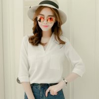 薇妮婷小清新衬衫女 韩范2016女士春装新款百搭雪纺上衣七分袖V领白衬衣