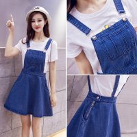 薇妮婷夏装新款女装宽松口袋背带牛仔连衣裙MM百褶背带裙