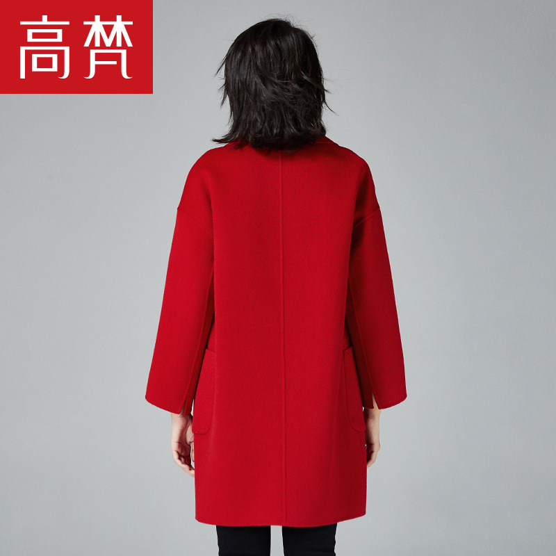 高梵GOLDFARM冬季新款中长款双面呢大衣女士时尚翻领纯色宽松毛呢外套