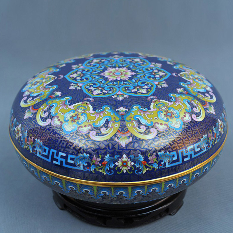 中工美珐琅器 中工美 工艺品 景泰蓝 蝠寿纹(蓝色)圆盒 北京礼物送外