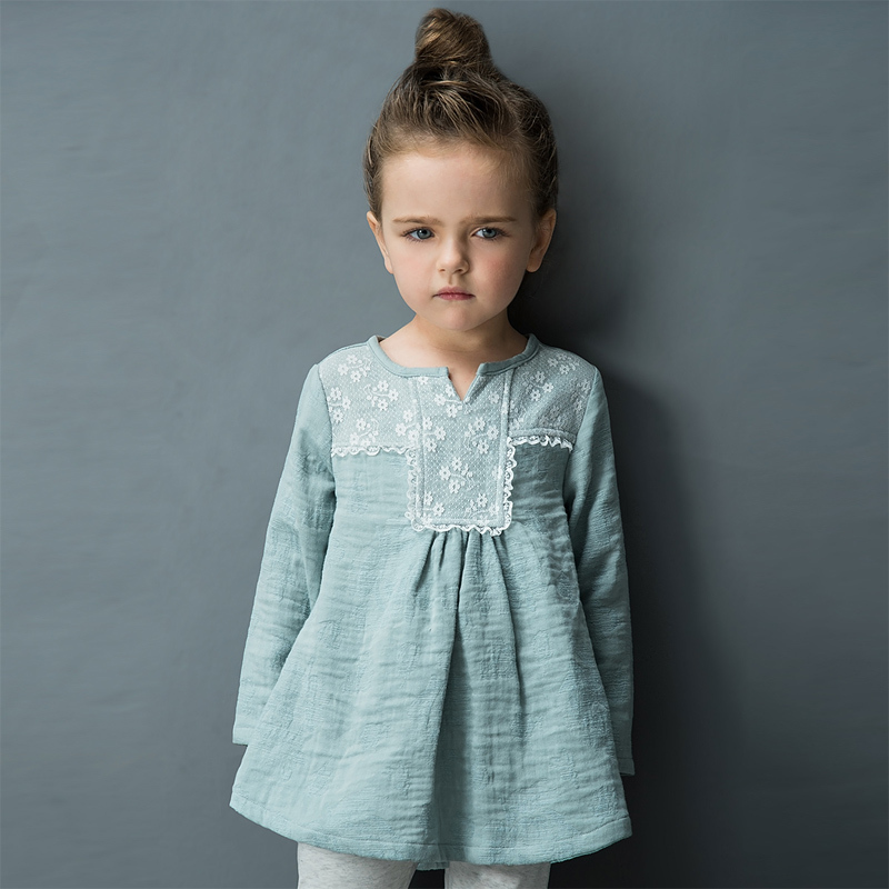 婴姿坊女童长袖韩版连衣裙儿童纯色淑女裙子2016新品女宝宝时尚