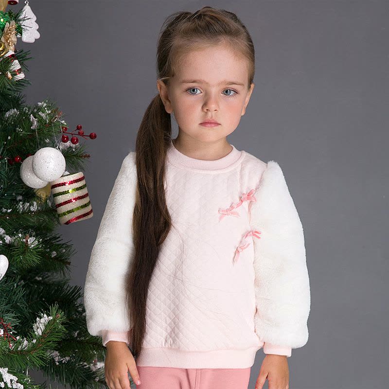 婴姿坊正品童装女童圆领长袖T恤宝宝毛毛袖打底衫秋冬款新品上衣图片