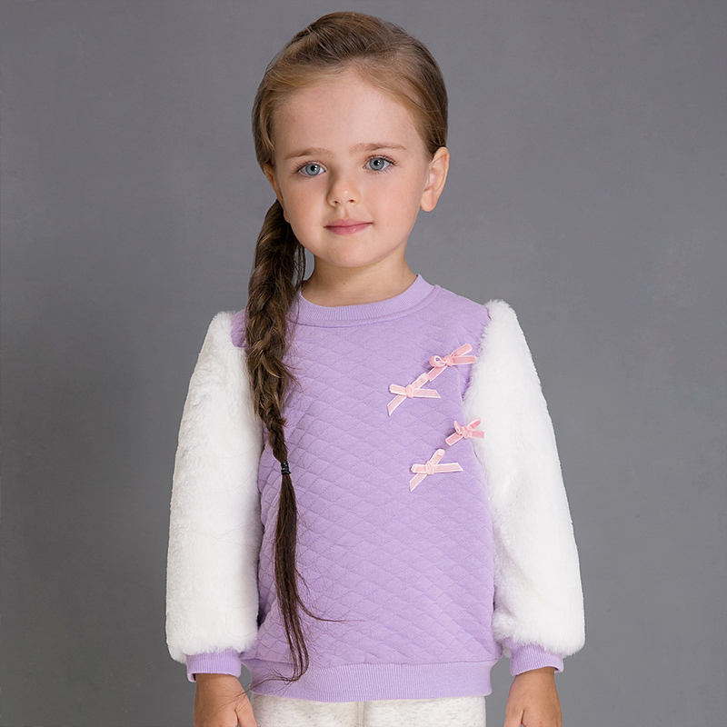 婴姿坊正品童装女童圆领长袖T恤宝宝毛毛袖打底衫秋冬款新品上衣