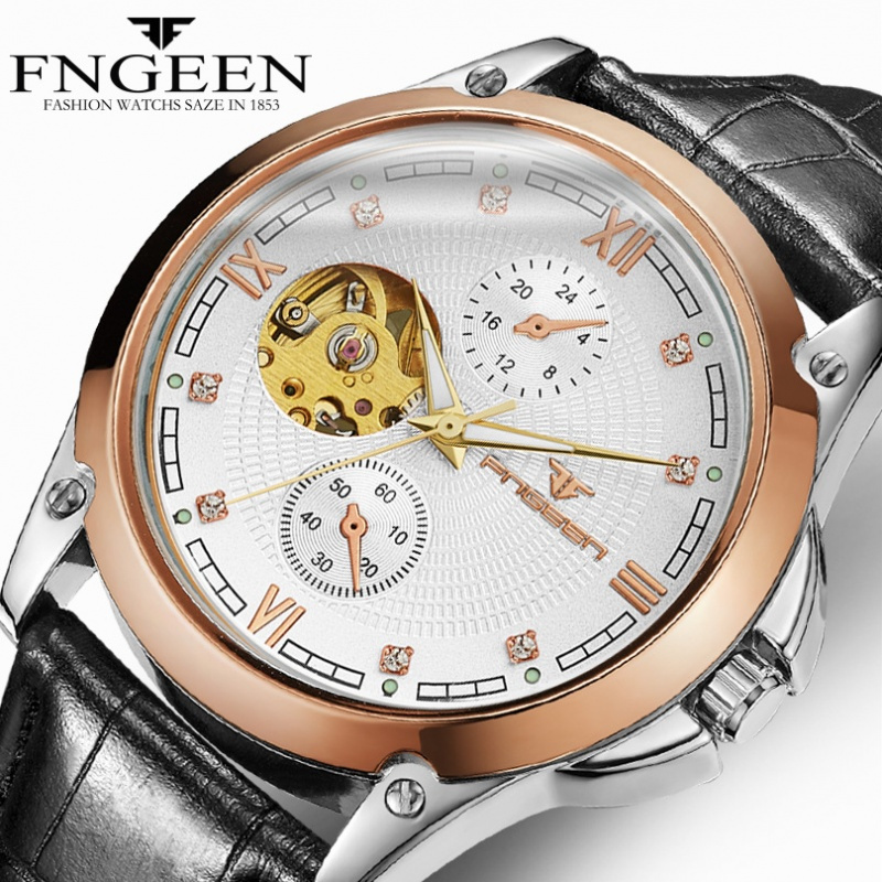 芬尊fngeen全自动机械表时尚男士皮带镂空陀飞轮腕表商务防水夜光手表