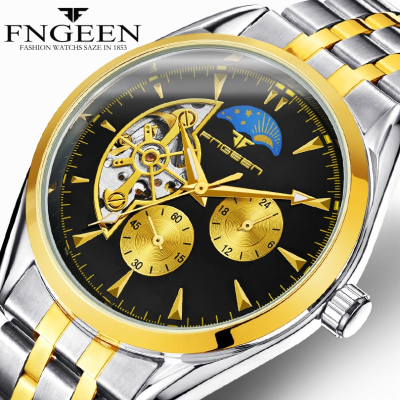 芬尊fngeen男士手表日月星辰三眼时尚休闲防水镂空自动机械表手表8832