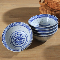 LICHEN 景德镇陶瓷饭 釉下彩青花玲珑瓷器碗 传统龙纹反口碗6个装 高温烧制 微波炉适用 5.5英寸