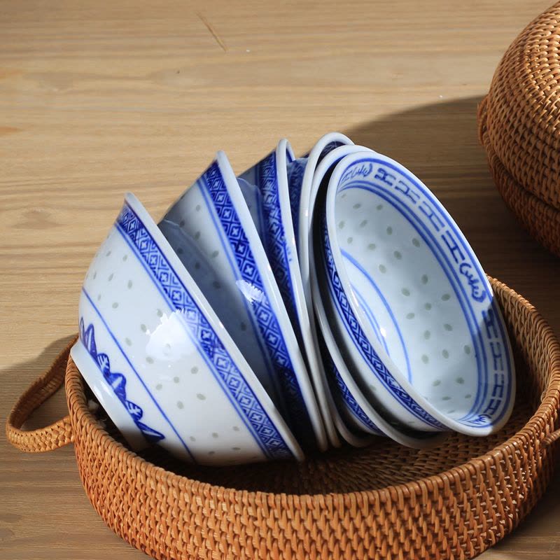 LICHEN 景德镇陶瓷饭 釉下彩青花玲珑瓷器碗 传统龙纹反口碗6个装 高温烧制 微波炉适用 5.5英寸图片