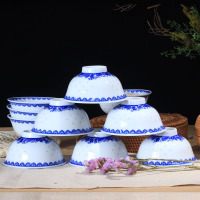 LICHEN 景德镇青花玲珑陶瓷碗 陶瓷餐具 高温烧制 微波炉适用 釉下彩 手绘刀子反口碗5英寸饭碗 10个装