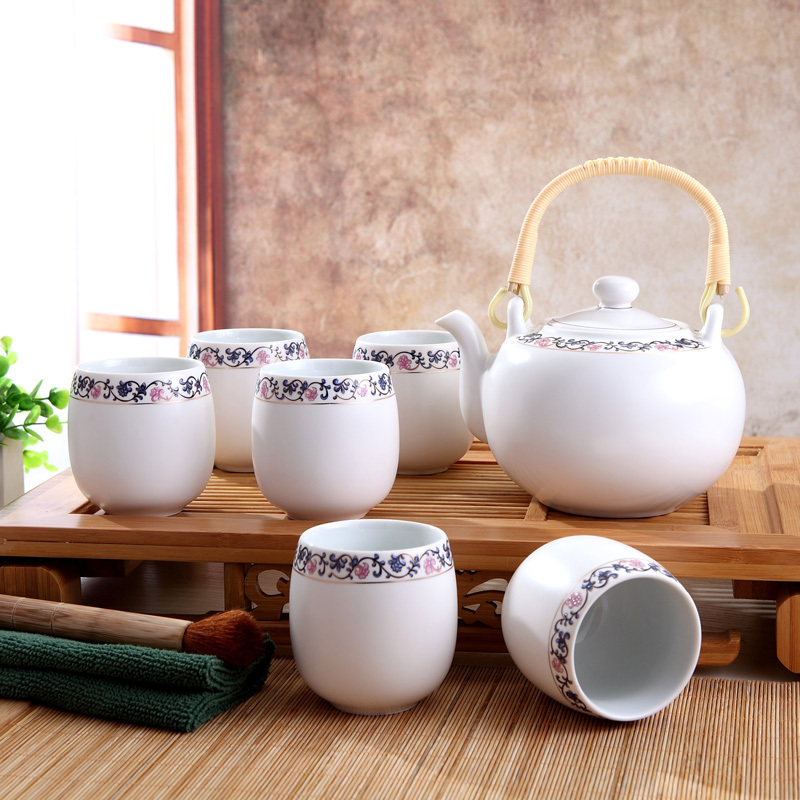 LICHEN景德镇 陶瓷茶杯 茶壶 一壶六杯套装 带礼盒 整套茶具送茶盘 蓝藤花