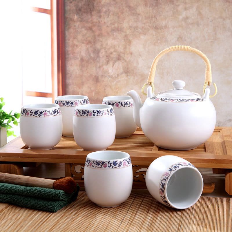 LICHEN景德镇 陶瓷茶杯 茶壶 一壶六杯套装 带礼盒 整套茶具送茶盘 蓝藤花图片