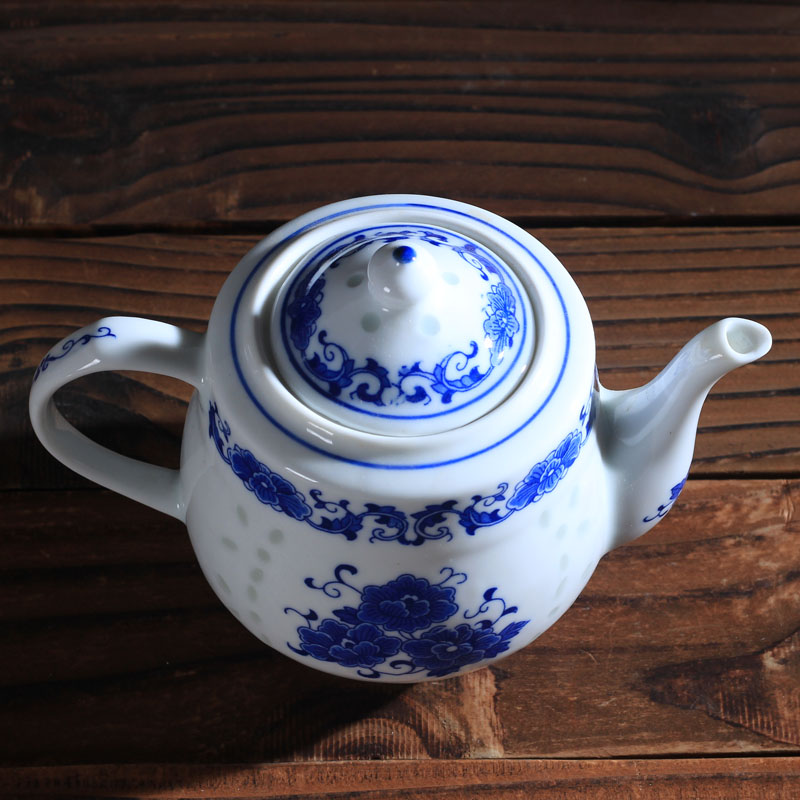 景德镇青花玲珑陶瓷茶壶750ml 牡丹花釉下彩茶壶