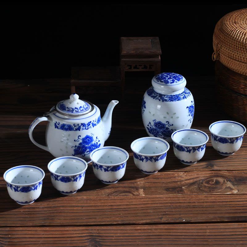 景德镇青花玲珑陶瓷茶具套装一壶六杯 牡丹花套装图片