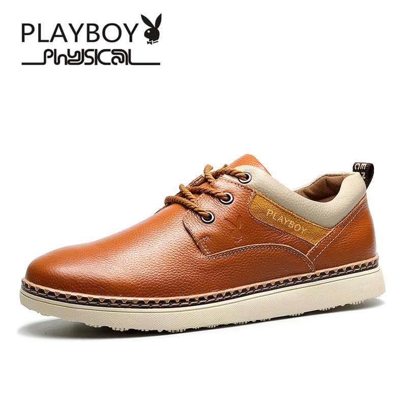 花花公子(PLAYBOY)男鞋2019春夏季新款男士单鞋真皮休闲皮鞋英伦系带休闲鞋牛皮商务正装皮鞋休闲鞋 男图片