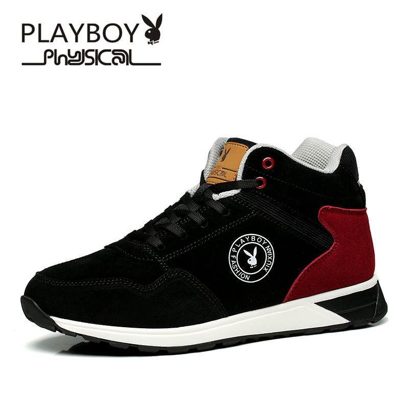 花花公子(PLAYBOY)男鞋冬季韩版潮鞋运动板鞋加绒圆头高帮休闲鞋男牛皮日常跑步鞋商务鞋 男