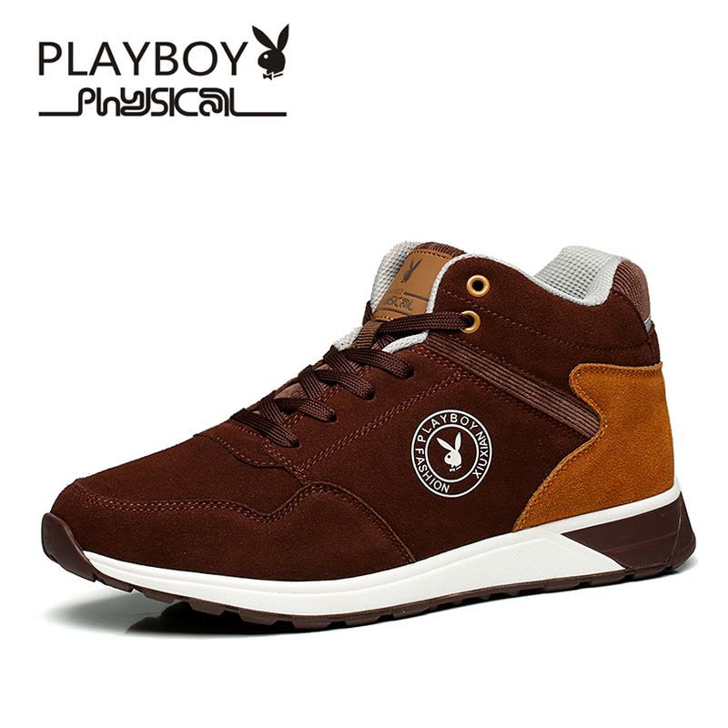 花花公子(PLAYBOY)男鞋冬季韩版潮鞋运动板鞋加绒圆头高帮休闲鞋男牛皮日常跑步鞋商务鞋 男图片