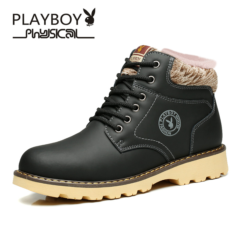 花花公子(PLAYBOY)冬季新款马丁靴男英伦工装靴男士雪地高帮加绒保暖鞋冬款男鞋子