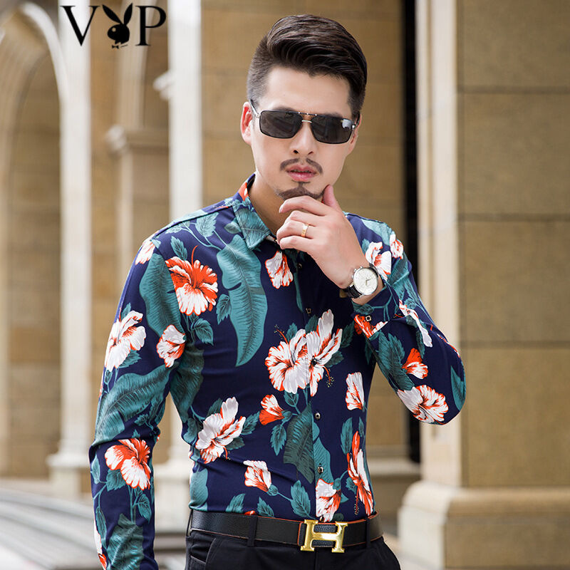 花花公子贵宾2017春季新款加大加肥男士长袖花衬衫弹力修身男衬衫