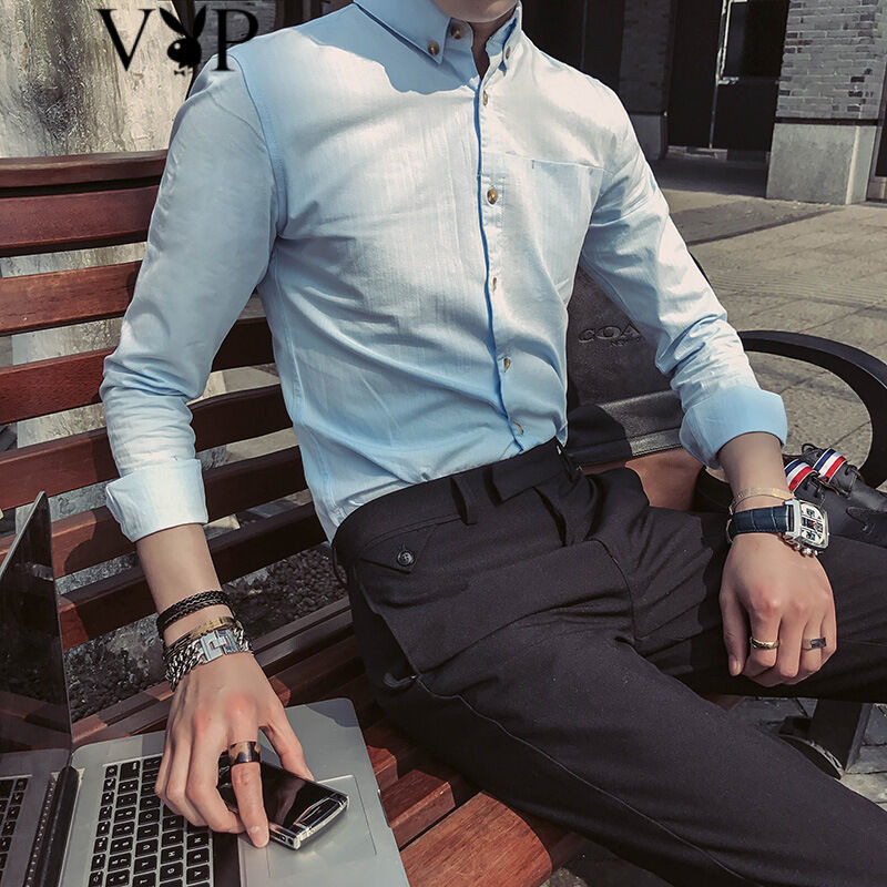 花花公子贵宾2017春夏装新款时尚潮男经典休闲男士修身纯色长袖衬衫