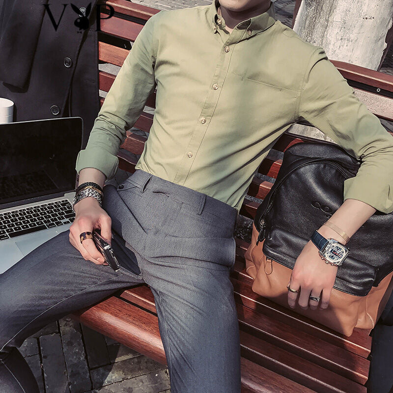 花花公子贵宾2017春夏装新款时尚潮男经典休闲男士修身纯色长袖衬衫