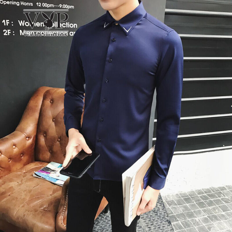 花花公子贵宾衬衫男2017新款韩版修身长袖衬衫时尚休闲衬衣